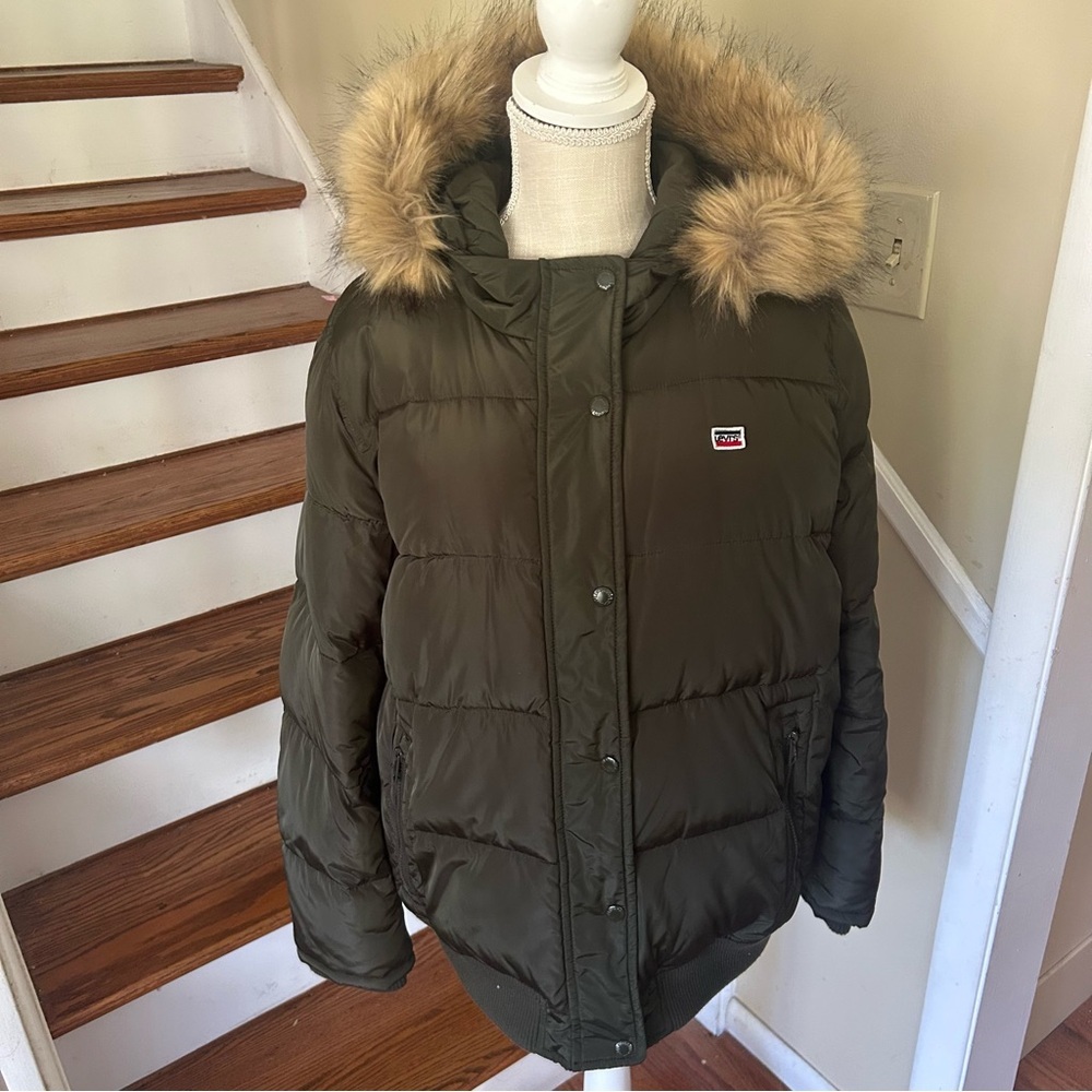 Levi's Olive Green Puffer Bomber Jacket with Faux Fur Hood